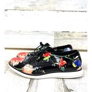 Cole Haan Womens 8 Grand Wingtip Oxford Black Patent Leather Floral Lace Up Shoe